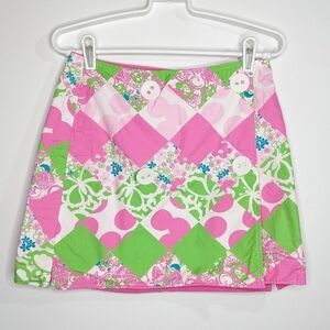 Lilly Pulitzer pink green button wrap short mini skirt 0